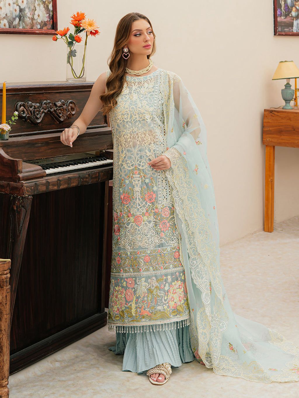 MAHNUR LAWN LUXURY EMBROIDERED 3 PC WITH EMBROIDERED DUPATTA