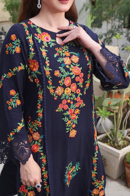 Navy Blue Floral Suit - Keyhole Neckline Embroidery Close-up