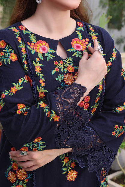 Navy Blue Floral Suit - Full Front View with Dupatta Draped Over Shoulder