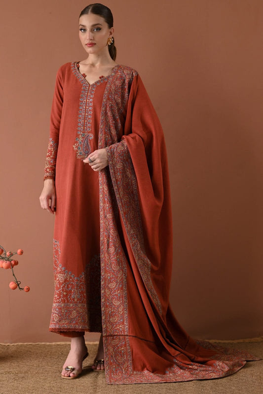 Terracotta Kashmiri Suit - Full Front View with Shawl Draped