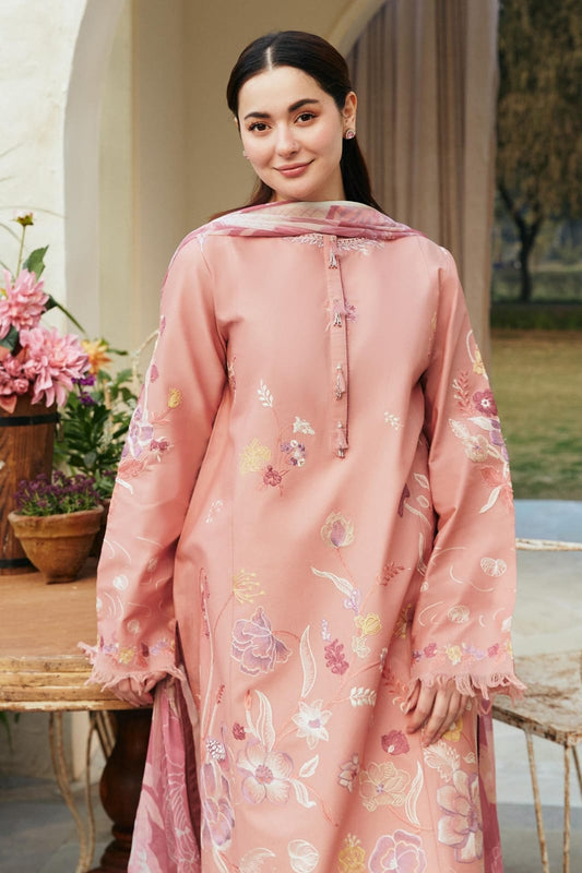 Dusty Rose Organza Suit - Hem and White Trouser Embroidery Close-up
