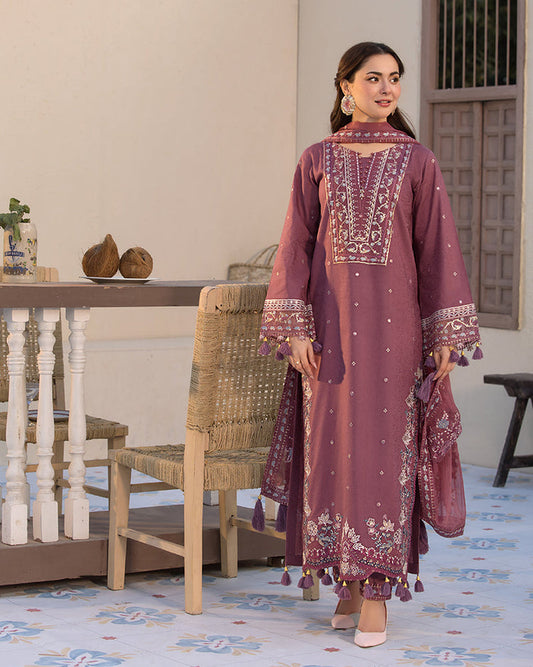 Mauve Wine Chiffon Suit - Upper Body Yoke and Cuff Embroidery Close-up