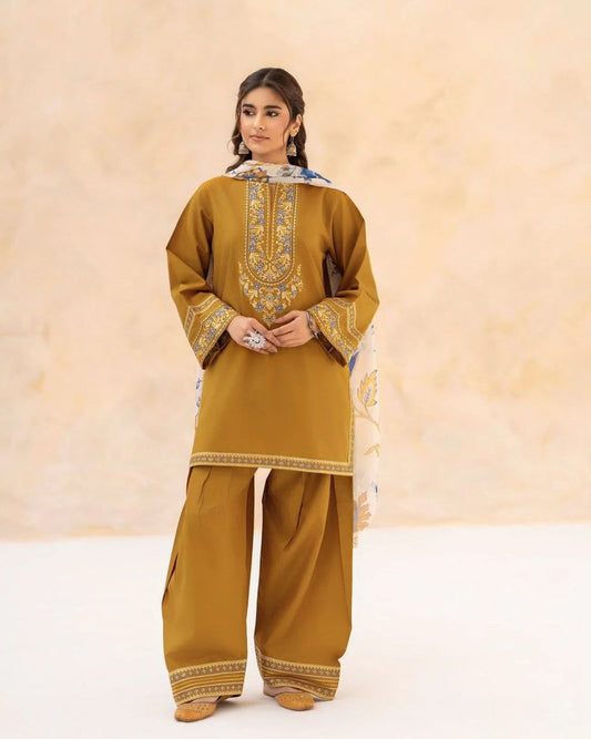 Rich Mustard Suit - Full Length Standing Front View with White Blue Botanical Dupatta Draped