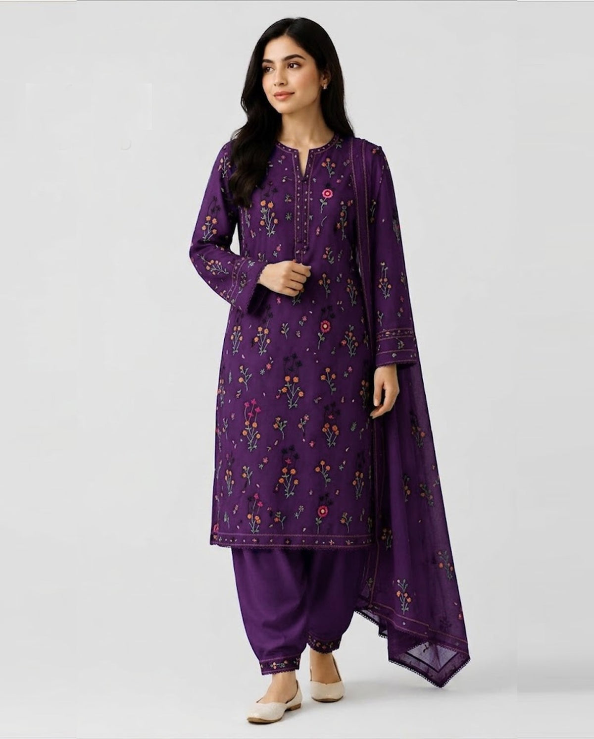 PINTEREST 3 PC WINTER EMBROIDERED SUIT WITH EMBROIDERED SHAWL (ZK)