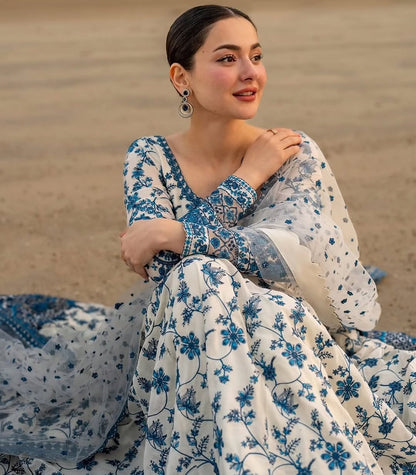 FAIZA SAQLAIN LAWN FROCK 3 PC WITH HEAVY FLAIR AND EMBROIDERED DUPATTA