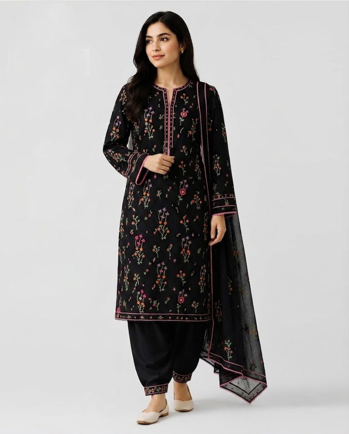 PINTEREST 3 PC WINTER EMBROIDERED SUIT WITH EMBROIDERED SHAWL (BK)