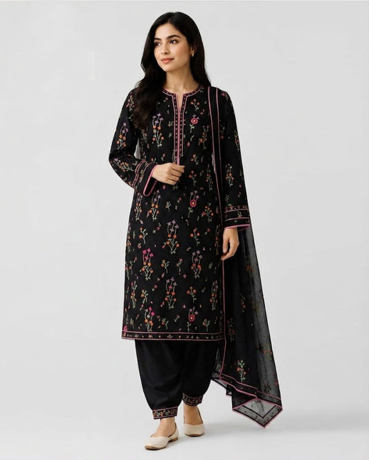 PINTEREST 3 PC WINTER EMBROIDERED SUIT WITH EMBROIDERED SHAWL (BK)