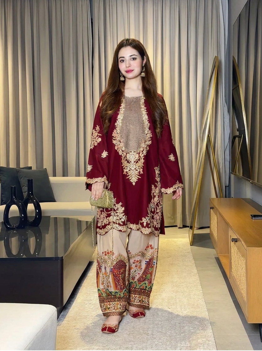ETHNIC SILK EMBROIDERD SUIT WITH SOFT ELEGANT TROUSER