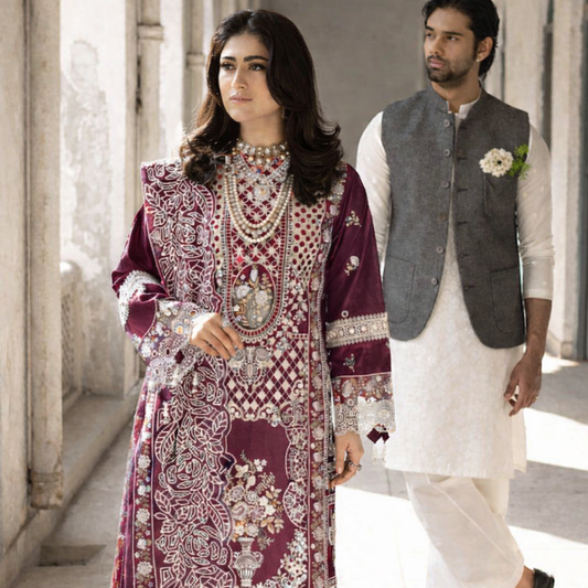 (PLUM) MAHNUR LAWN 3 PC WITH FOUR SIDE EMBROIDERY DUPATTA