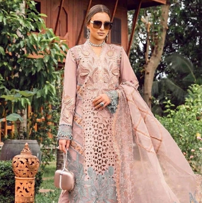 (PEACH PINK) MARIA B LUXURY LAWN EMBROIDERED 3 PC WITH EMBROIDERED DUPATTA