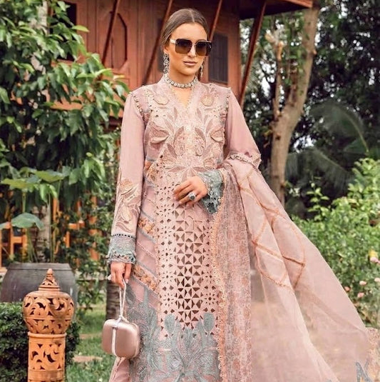 (PEACH PINK) MARIA B LUXURY LAWN EMBROIDERED 3 PC WITH EMBROIDERED DUPATTA