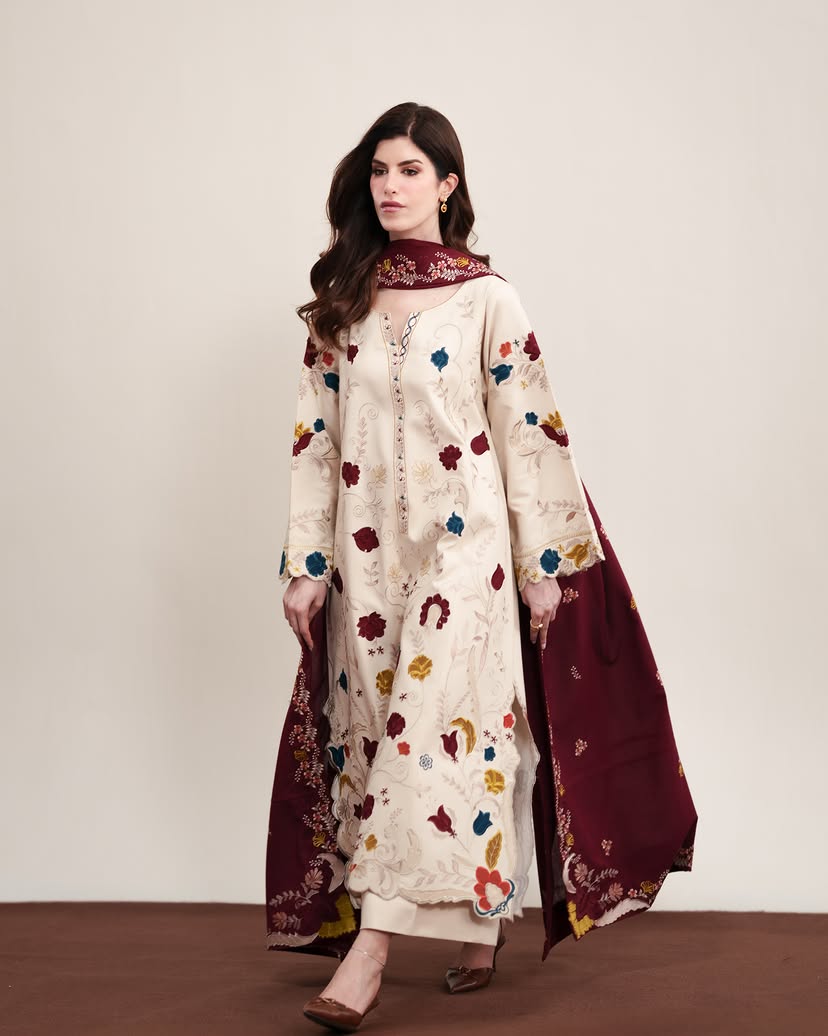 ZAIB PREMIUM WINTER EMBROIDERED 3 PC SUIT WITH EMBROIDERED SHAWL