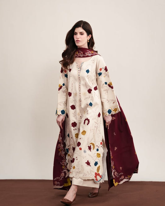 ZAIB PREMIUM WINTER EMBROIDERED 3 PC SUIT WITH EMBROIDERED SHAWL