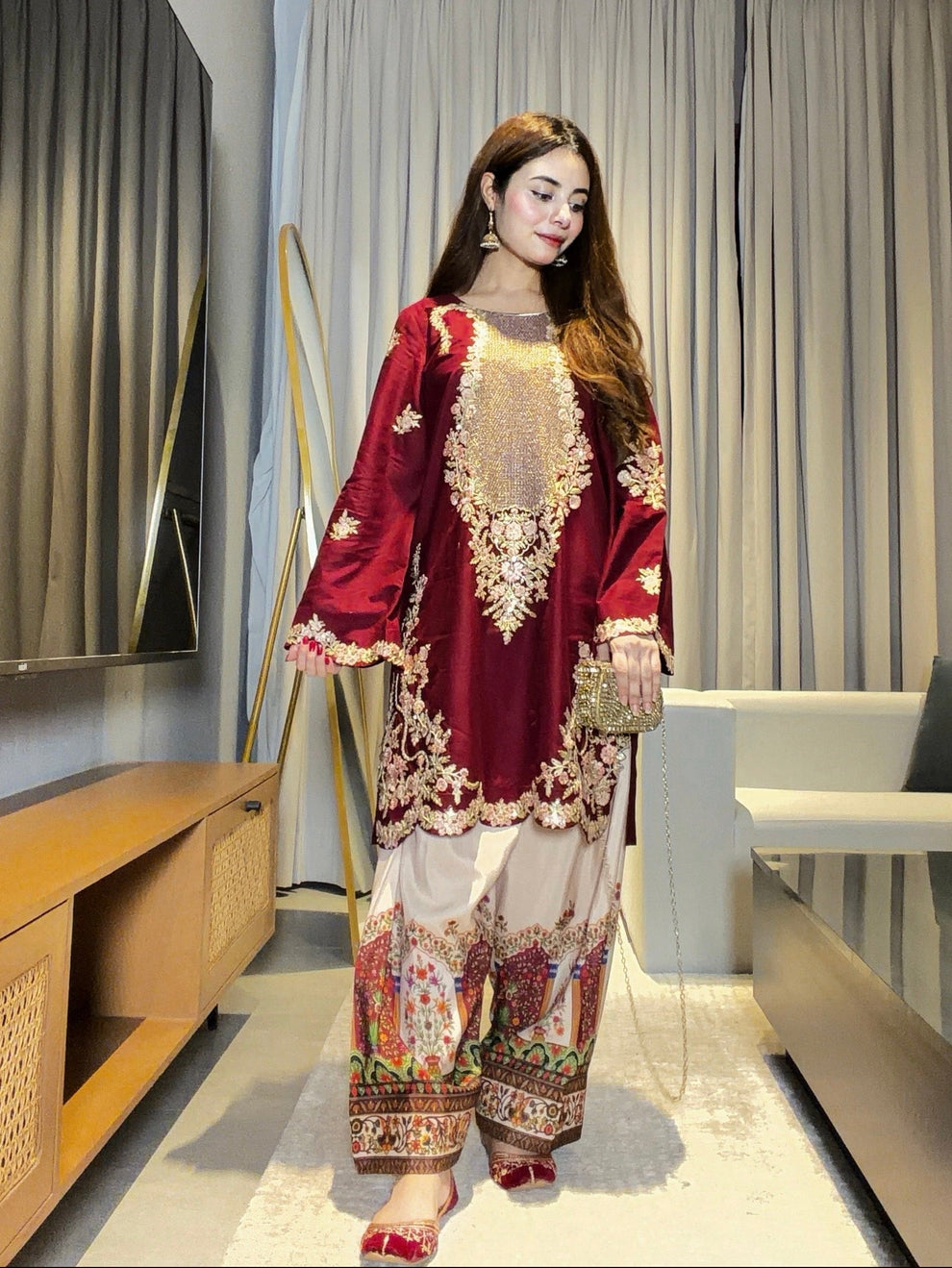 ETHNIC SILK EMBROIDERD SUIT WITH SOFT ELEGANT TROUSER