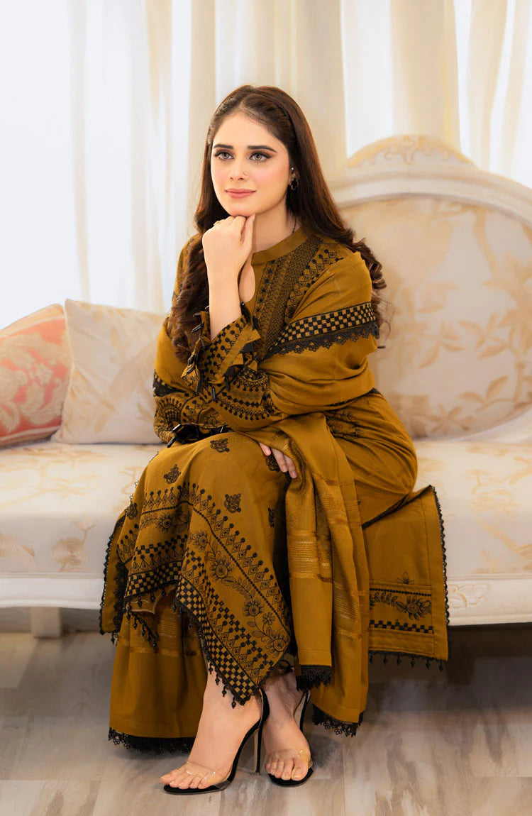 BAREEZE WINTER EMBROIDERED 3 PC SUIT WITH EMBROIDERED SHAWL