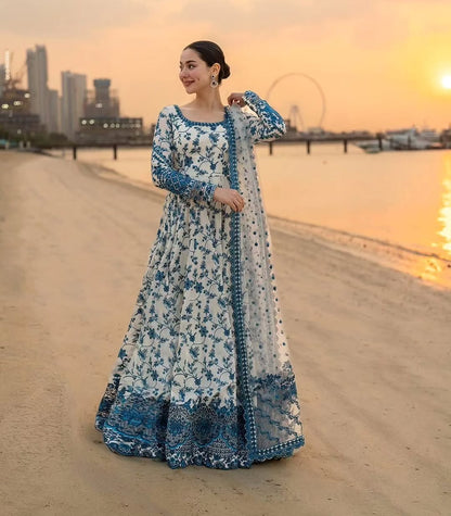FAIZA SAQLAIN LAWN FROCK 3 PC WITH HEAVY FLAIR AND EMBROIDERED DUPATTA