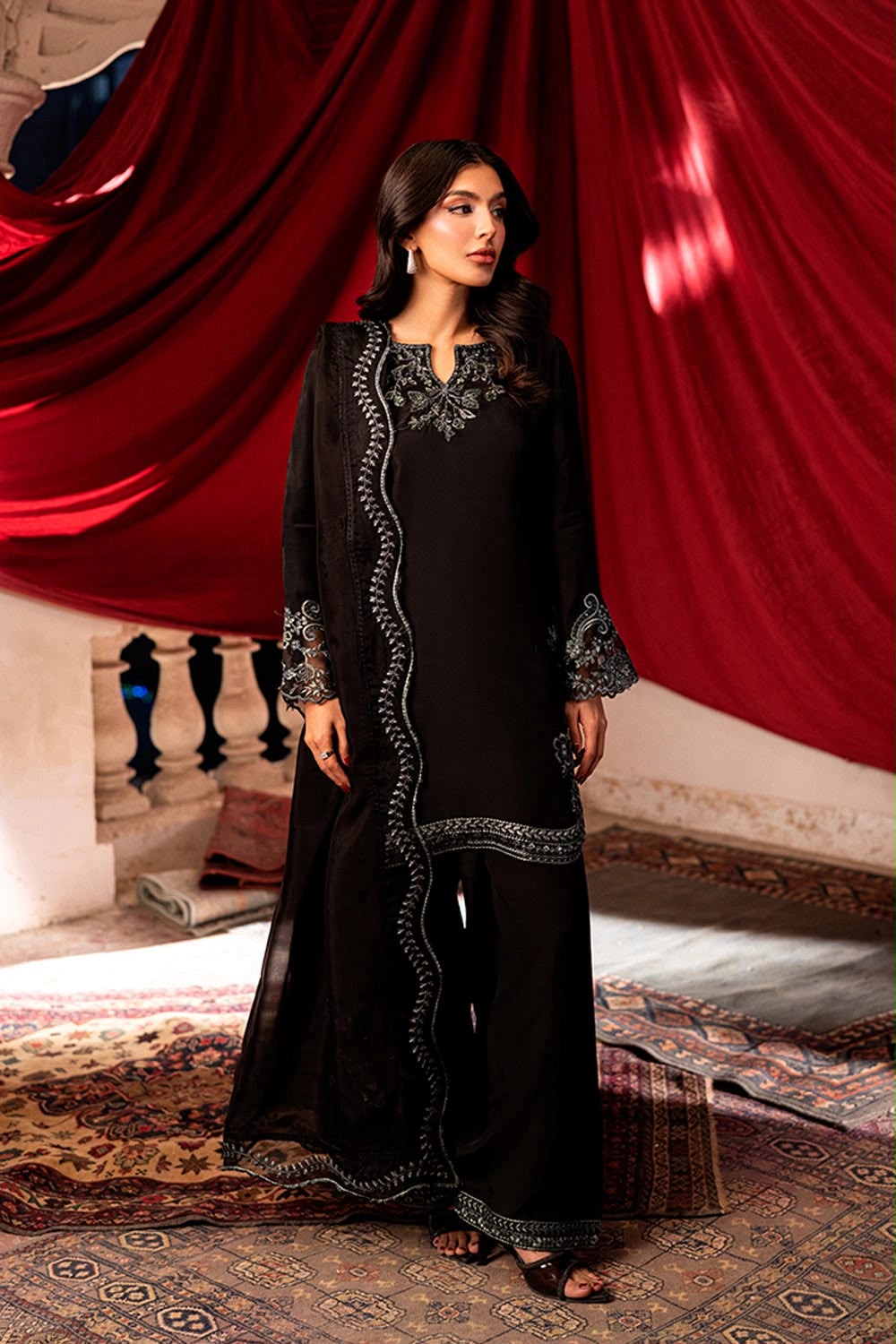 AZURE CHIFFON EMBROIDERED 3 PC SUIT WITH READY EMBROIDERED DUPPATA
