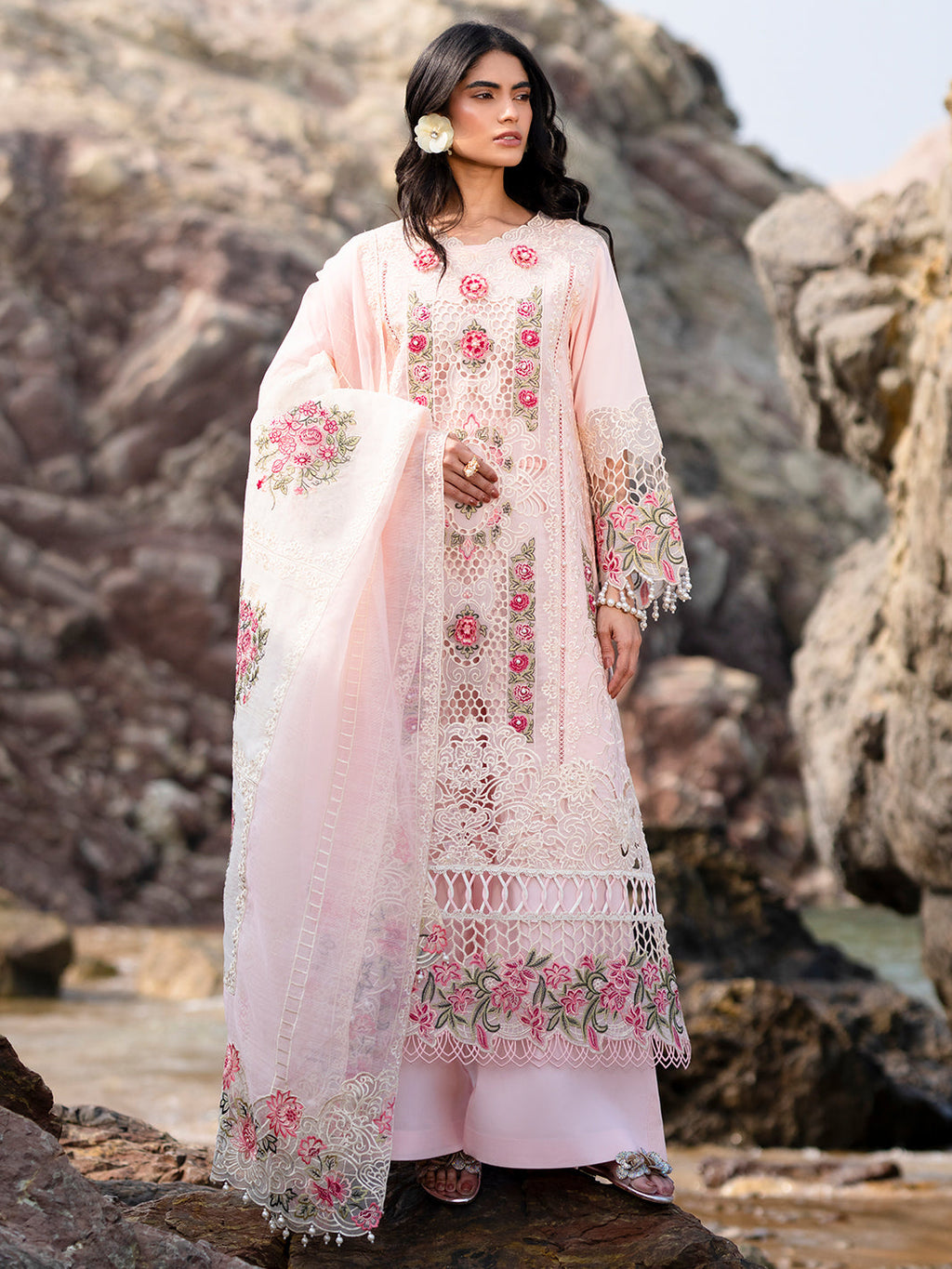 MAHNUR LAWN 3 PC LASER WORK EMBROIDERED SHIRT WITH EMBROIDERED DUPATTA