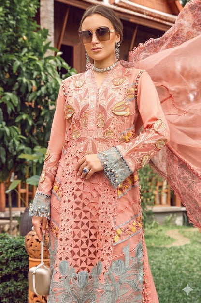 (PEACH PINK) MARIA B LUXURY LAWN EMBROIDERED 3 PC WITH EMBROIDERED DUPATTA