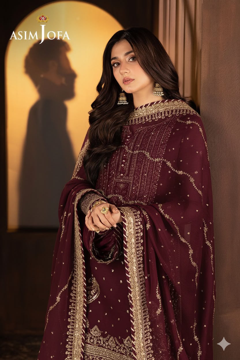 ASIM JOFA PREMIUM CHIFFON EMBROIDERED 3 PC SUIT WITH EMBROIDERED DUPPATA