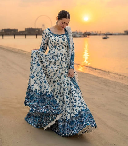 FAIZA SAQLAIN LAWN FROCK 3 PC WITH HEAVY FLAIR AND EMBROIDERED DUPATTA