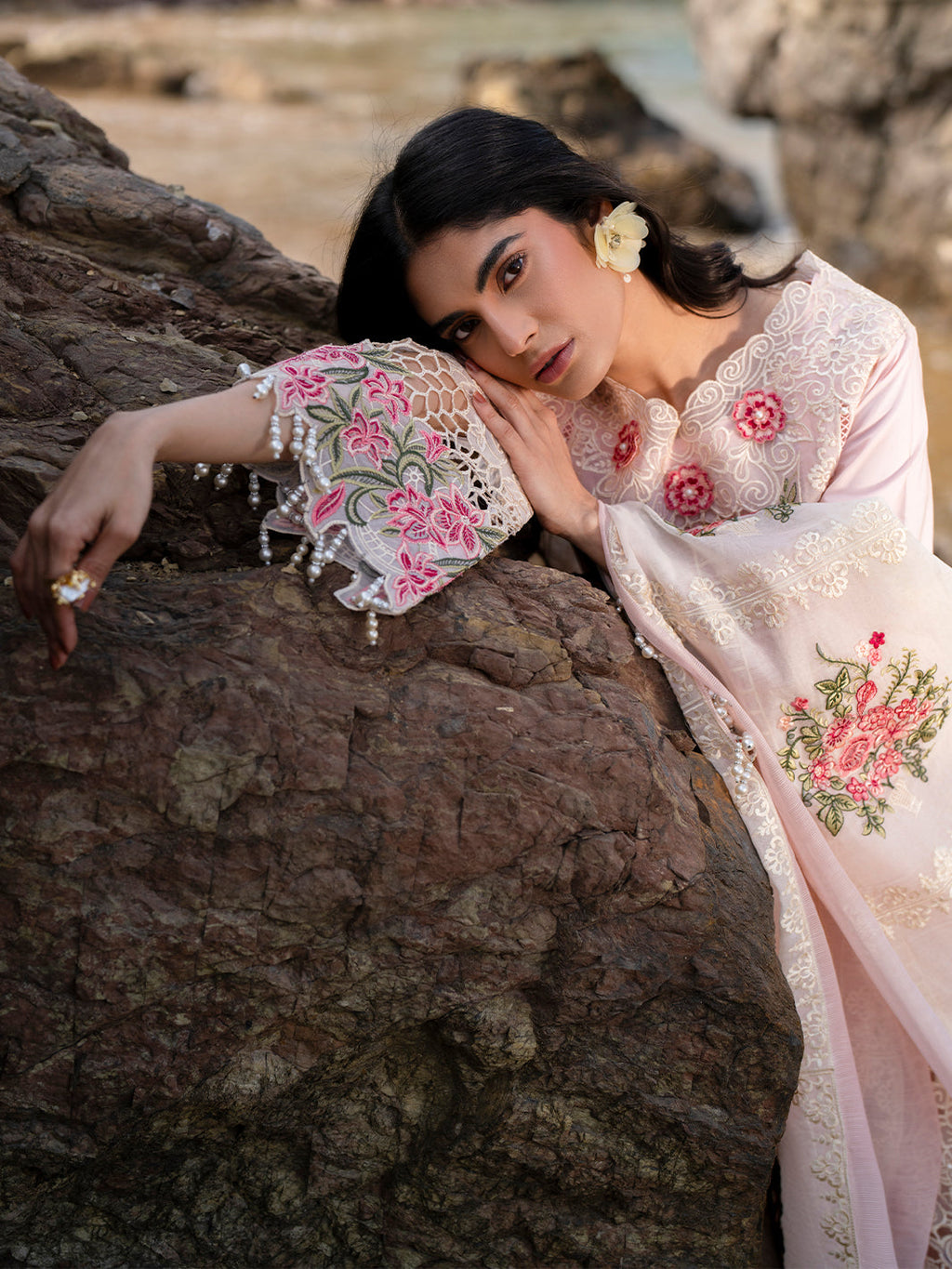 MAHNUR LAWN 3 PC LASER WORK EMBROIDERED SHIRT WITH EMBROIDERED DUPATTA