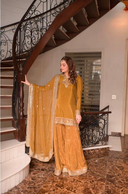 ANEELAS FANCY 3 PC EMBROIDERD SUIT WITH READY EMBROIDERED 4 SIDE DUPPATA