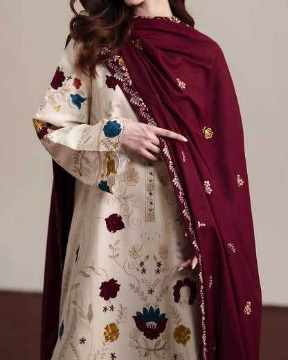 ZAIB PREMIUM WINTER EMBROIDERED 3 PC SUIT WITH EMBROIDERED SHAWL