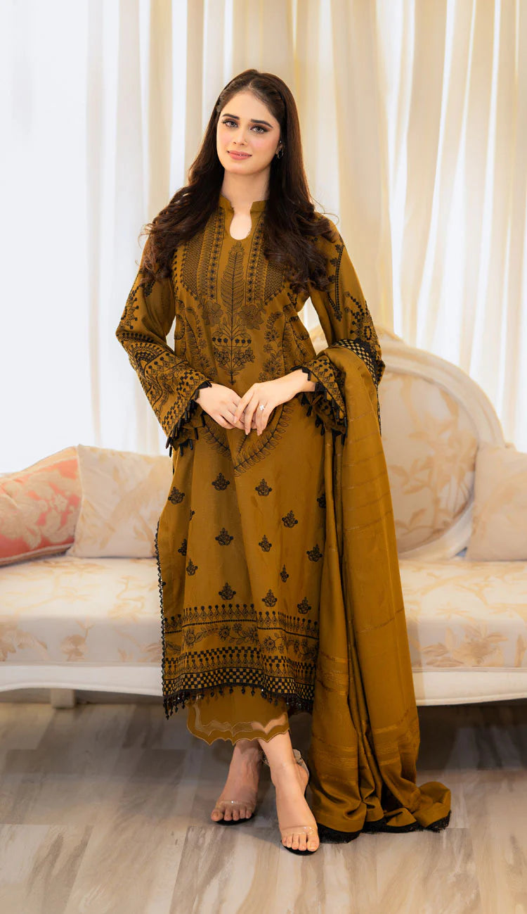 BAREEZE WINTER EMBROIDERED 3 PC SUIT WITH EMBROIDERED SHAWL