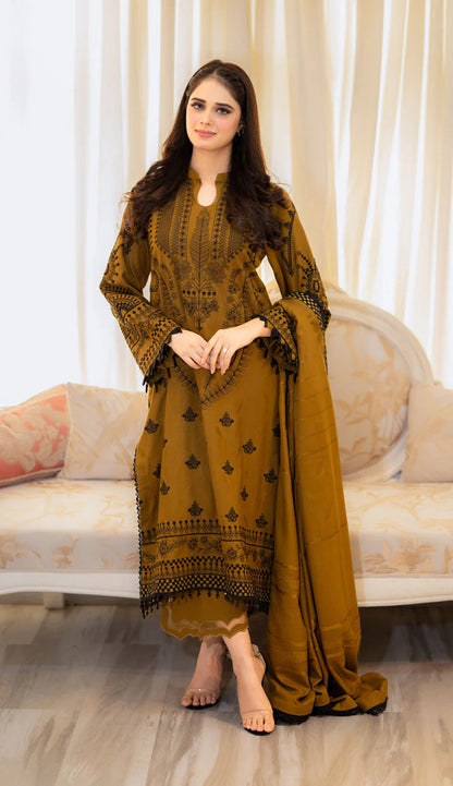 BAREEZE WINTER EMBROIDERED 3 PC SUIT WITH EMBROIDERED SHAWL