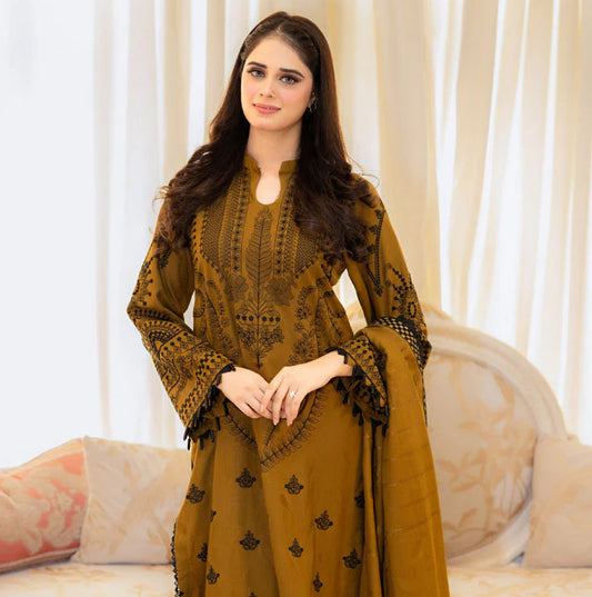 BAREEZE WINTER EMBROIDERED 3 PC SUIT WITH EMBROIDERED SHAWL