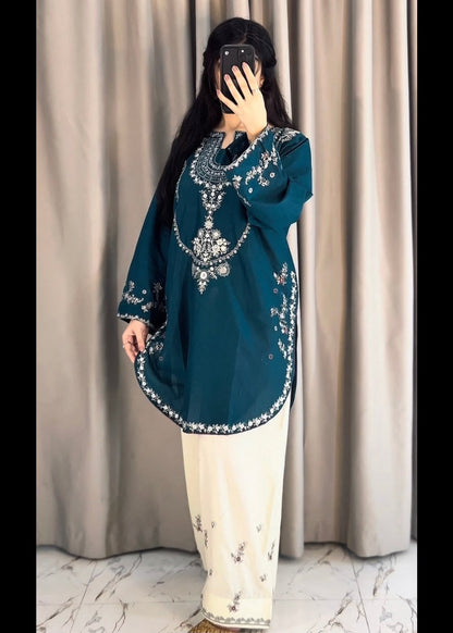 URGE SILK EMBROIDERD 2 PC SUIT WITH EMBROIDERED TROUSER