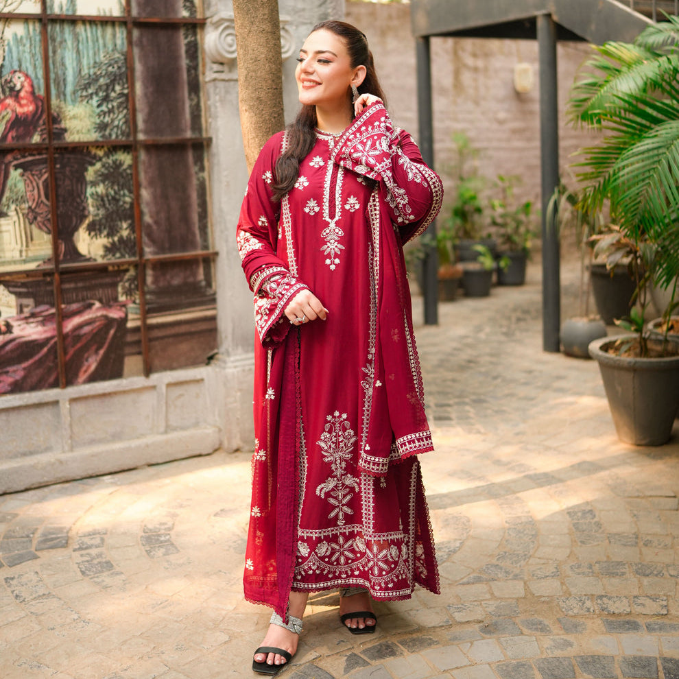 ANEELAS WINTER EMBROIDERED 3 PC KAFTAN STYLE WITH EMBROIDERED SHAWL