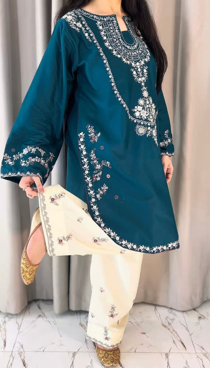 URGE SILK EMBROIDERD 2 PC SUIT WITH EMBROIDERED TROUSER