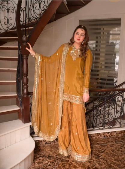ANEELAS FANCY 3 PC EMBROIDERD SUIT WITH READY EMBROIDERED 4 SIDE DUPPATA