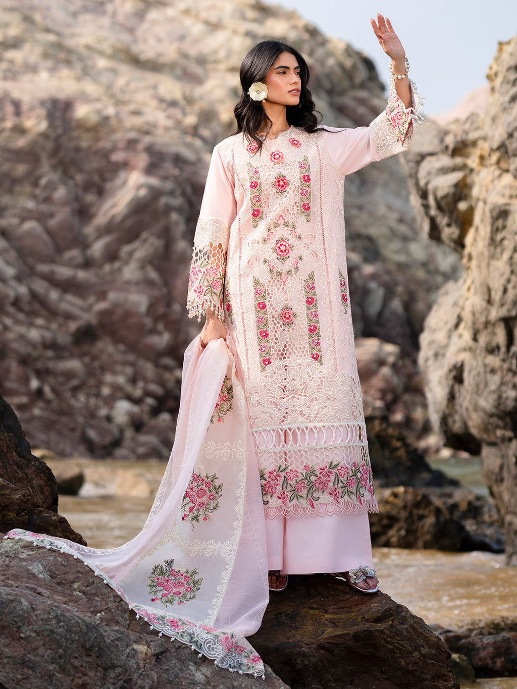 MAHNUR LAWN 3 PC LASER WORK EMBROIDERED SHIRT WITH EMBROIDERED DUPATTA