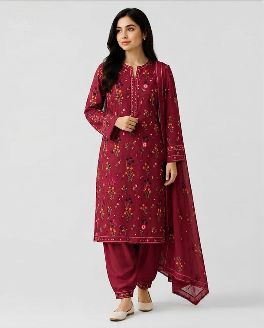 PINTEREST 3 PC WINTER EMBROIDERED SUIT WITH EMBROIDERED SHAWL (RD)
