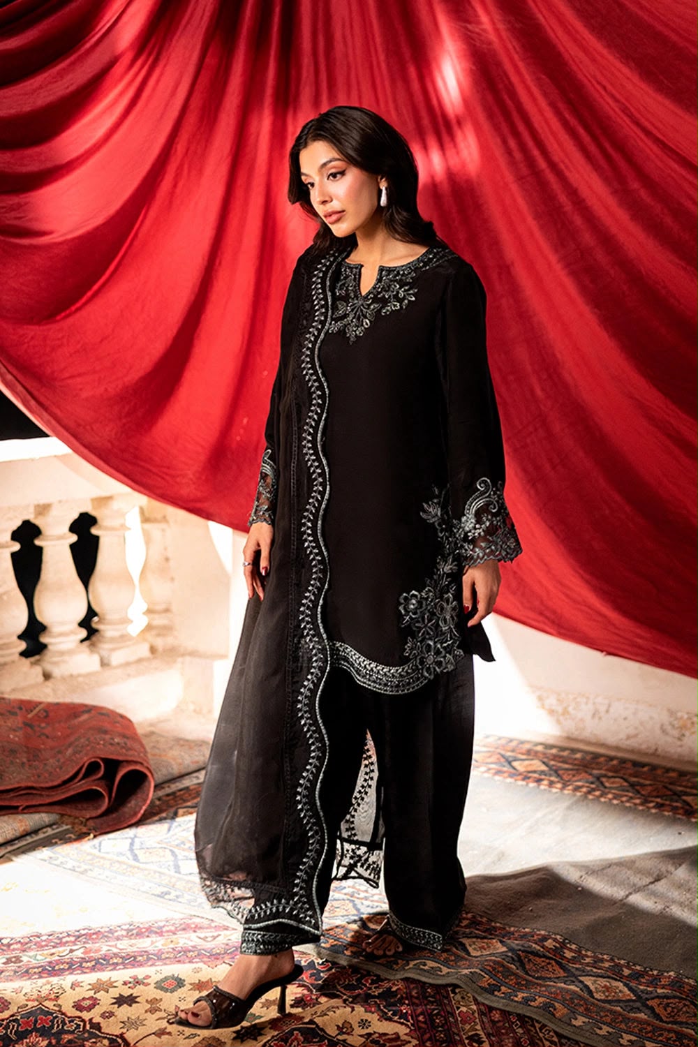 AZURE CHIFFON EMBROIDERED 3 PC SUIT WITH READY EMBROIDERED DUPPATA