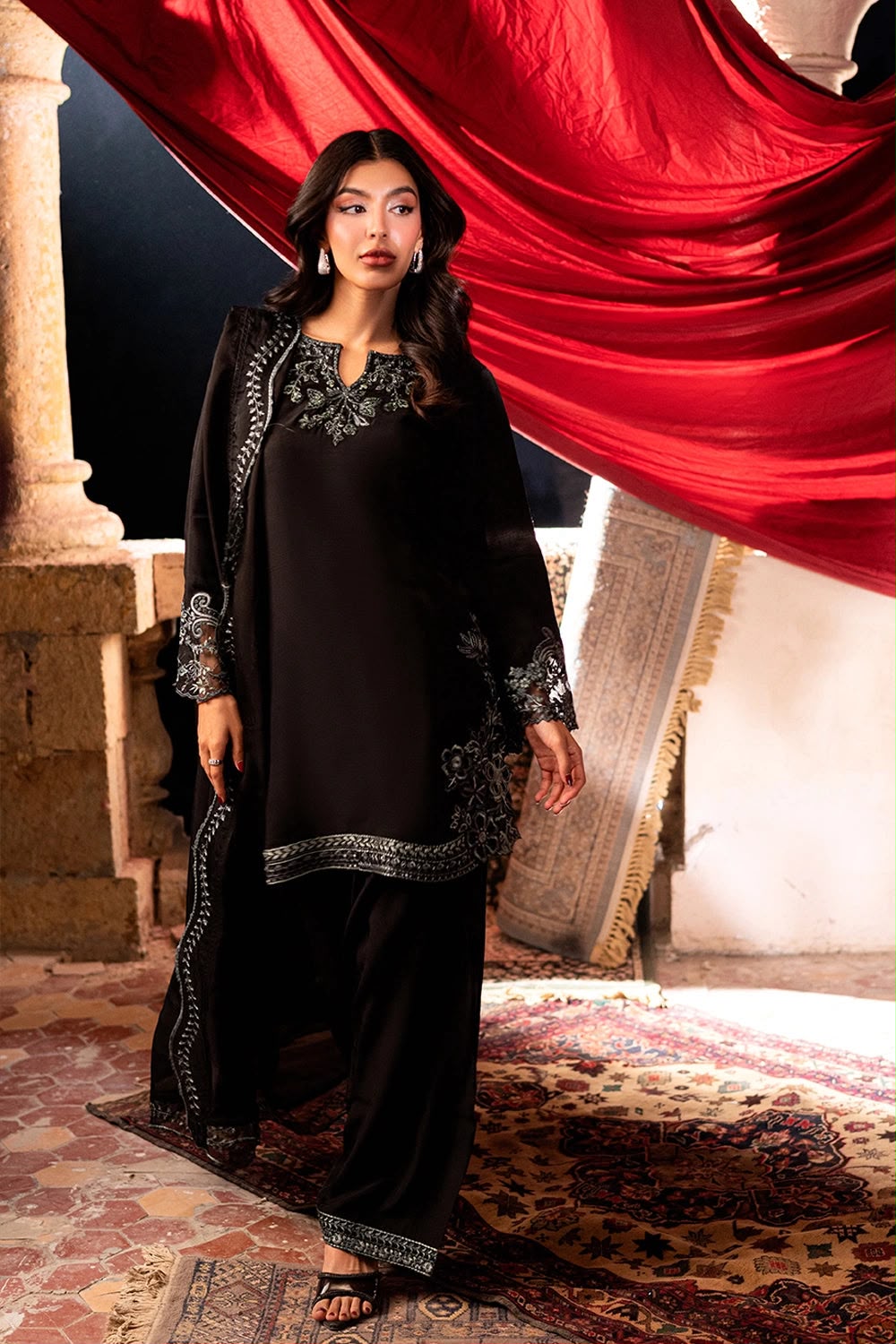 AZURE CHIFFON EMBROIDERED 3 PC SUIT WITH READY EMBROIDERED DUPPATA