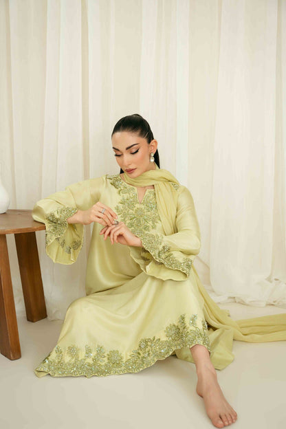 KAIDA RAW SILK 3 PC EMBROIDERED SUIT WITH SOFT SILK DUPPTA