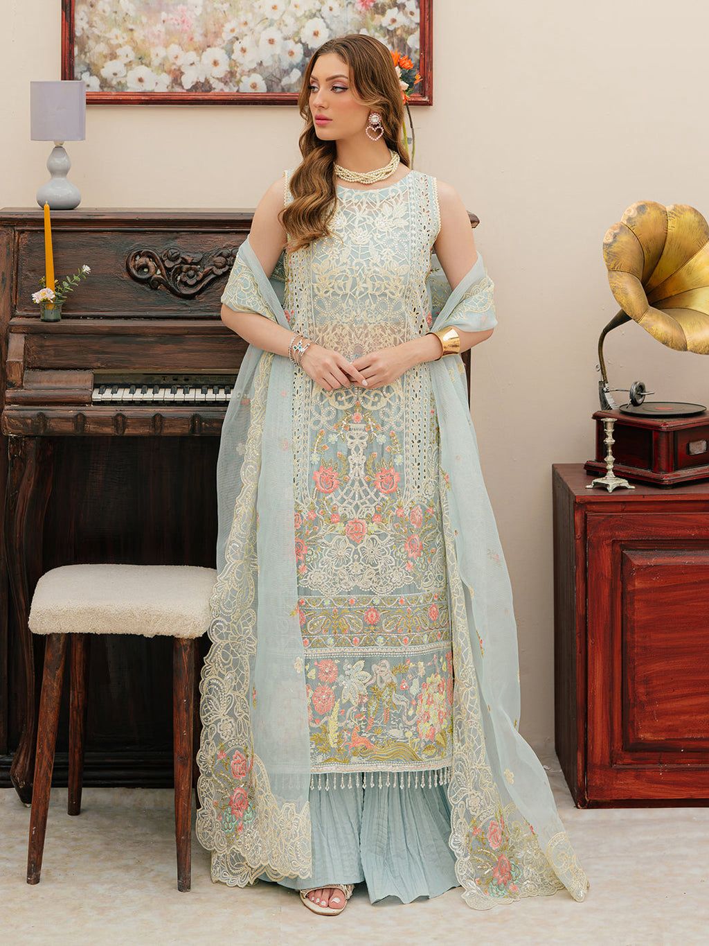 MAHNUR LAWN LUXURY EMBROIDERED 3 PC WITH EMBROIDERED DUPATTA